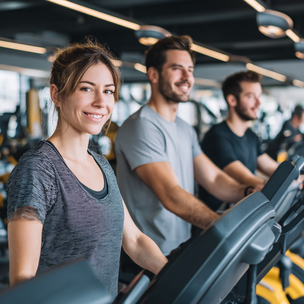 Group of smiling Ukrainian adults doing fitness exercises in a modern gym